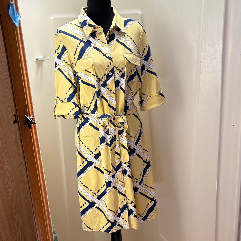 J. McLaughlin Brynn Yellow Navy Rope-Print Midi Shirt Dress